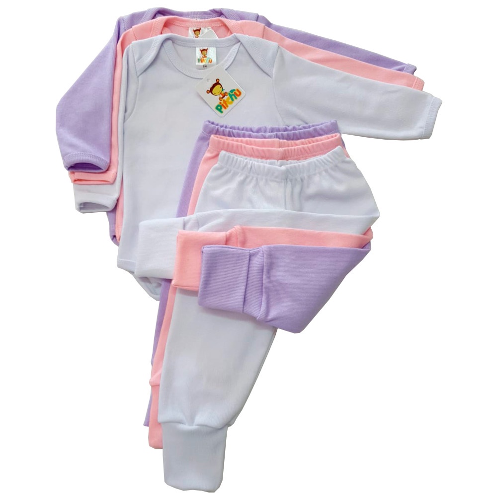 Kit 03 Conjuntos Body e Mijão Bebê Manga Longa Feminino