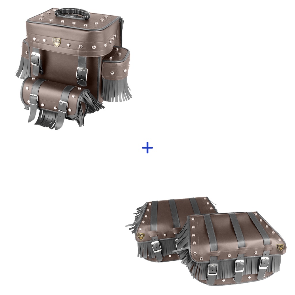 Kit Viagem Alforge Traseiro 29 Litros Couro Sintético Marrom C/ Cravos e Franjas + Alforge Lateral 3F 25 Litros Couro Sintético Marrom C/ Cravos e Franjas