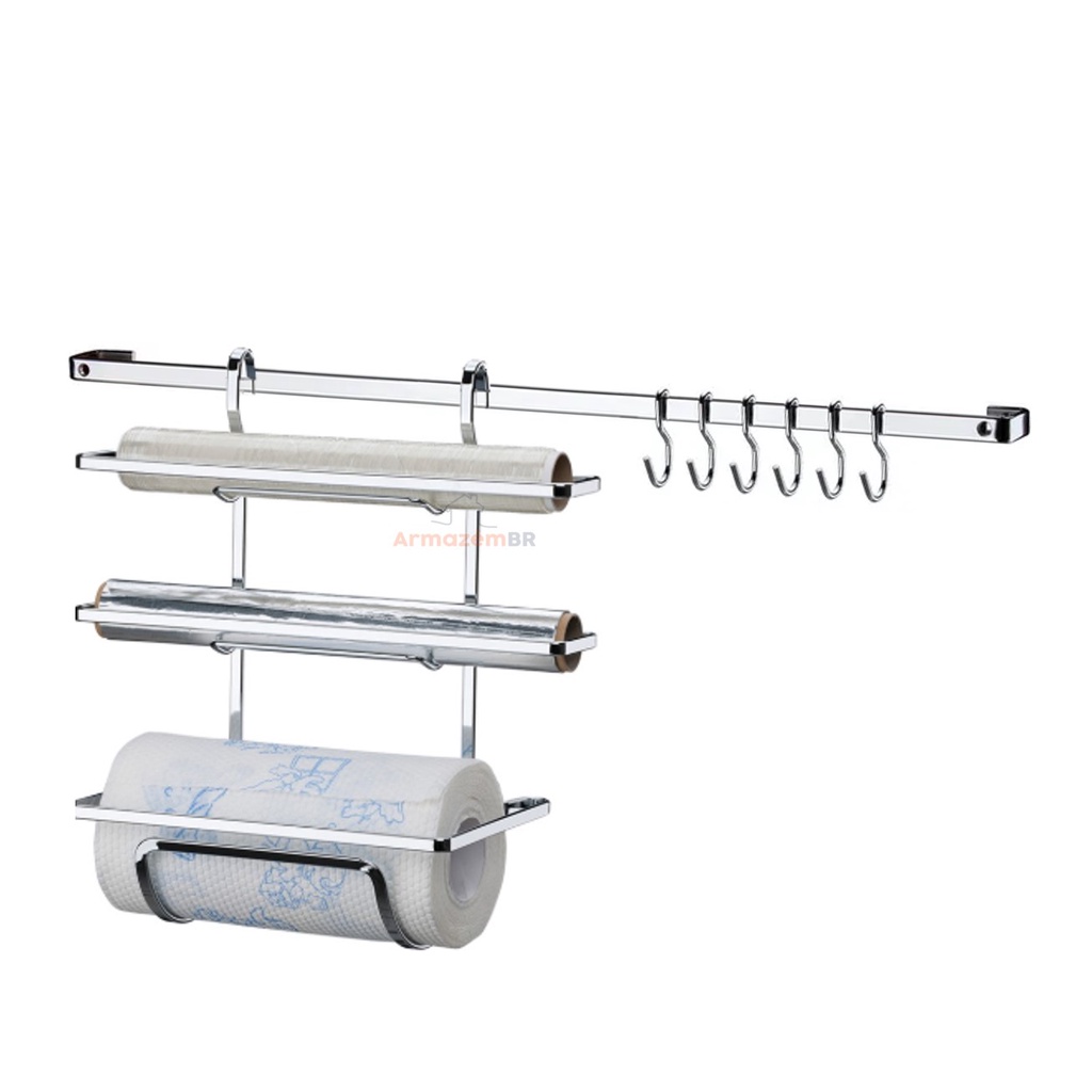 Kit Cozinha 2 Peças Barra 45cm De Parede Suporte Porta Rolo Triplo Papel Toalha Cromado - Future