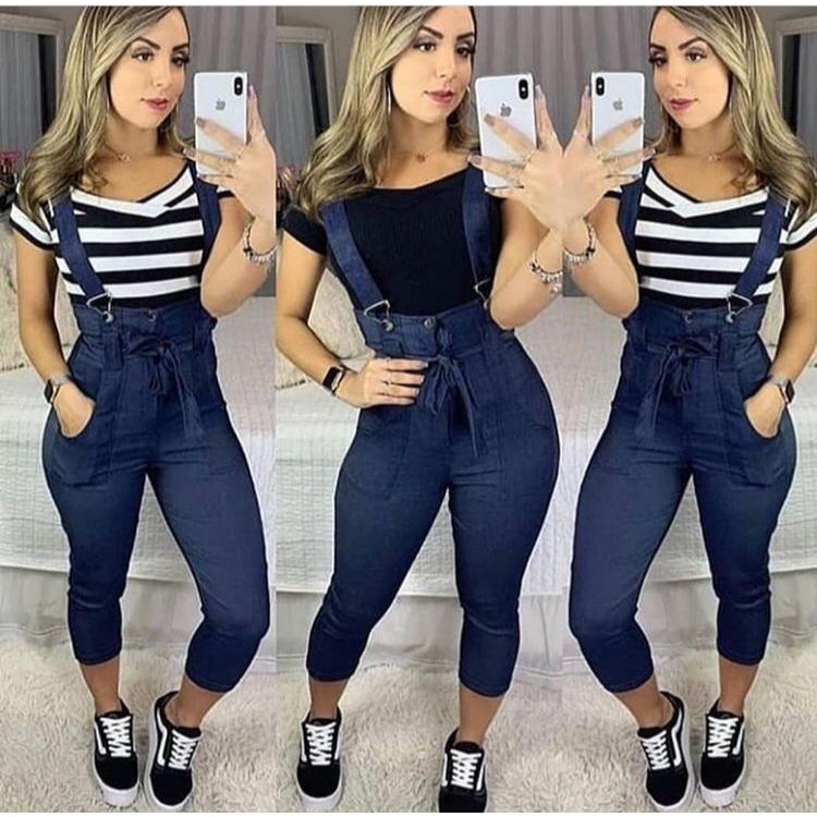 calça salopete jeans