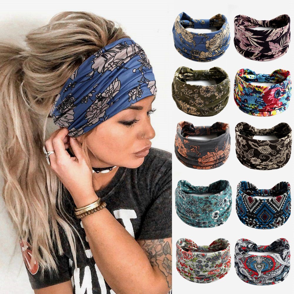 Faixa de cabelo floral Boho / bandana elástica de nó largo com estampa