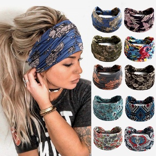 Faixa de cabelo floral Boho / bandana elástica de nó largo com estampa retrô