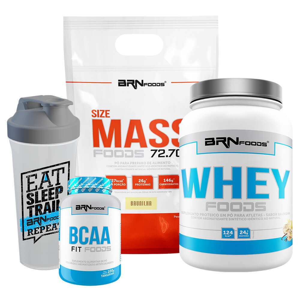 Kit Size Mass Foods 3kg + Whey Protein Foods 900g Baunilha + BCAA Fit 100 gr + Shaker– BRNFOODS