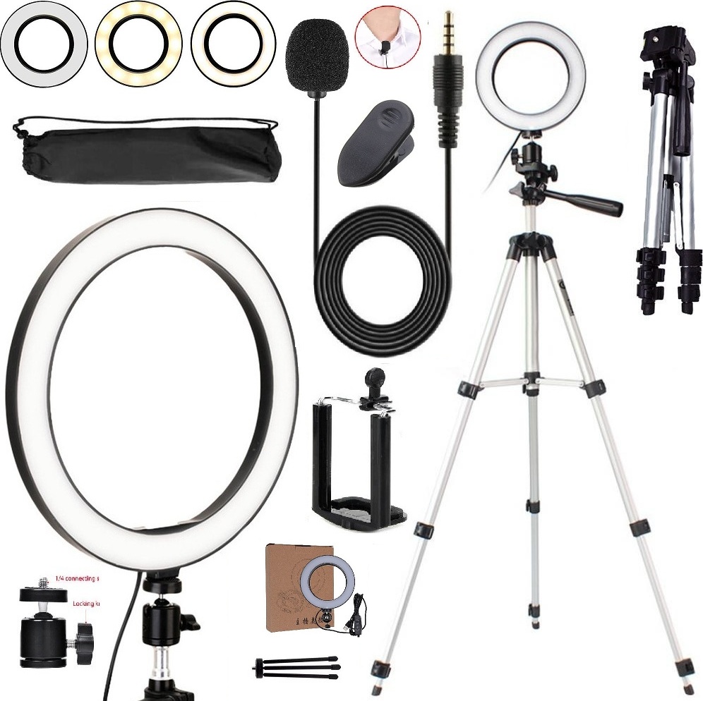 Kit Para Youtuber Tripé Profissional Câmera Celular Iluminador Led Ring Light 3 Cores + Microfone Lapela Gravação Vídeo