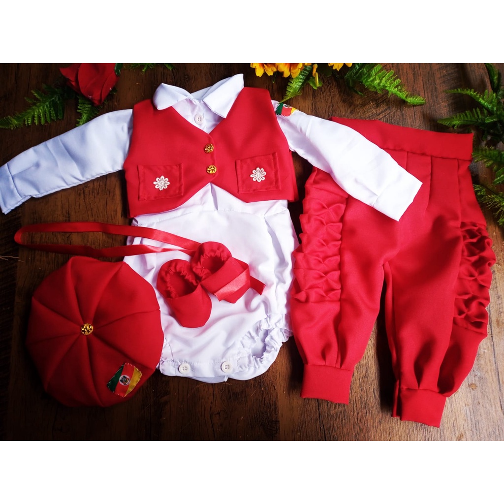 Pilcha de Gaúcho Infantil Feminino Vermelho-> Bombacha, Colete, Body, Boina e Alpagarta*