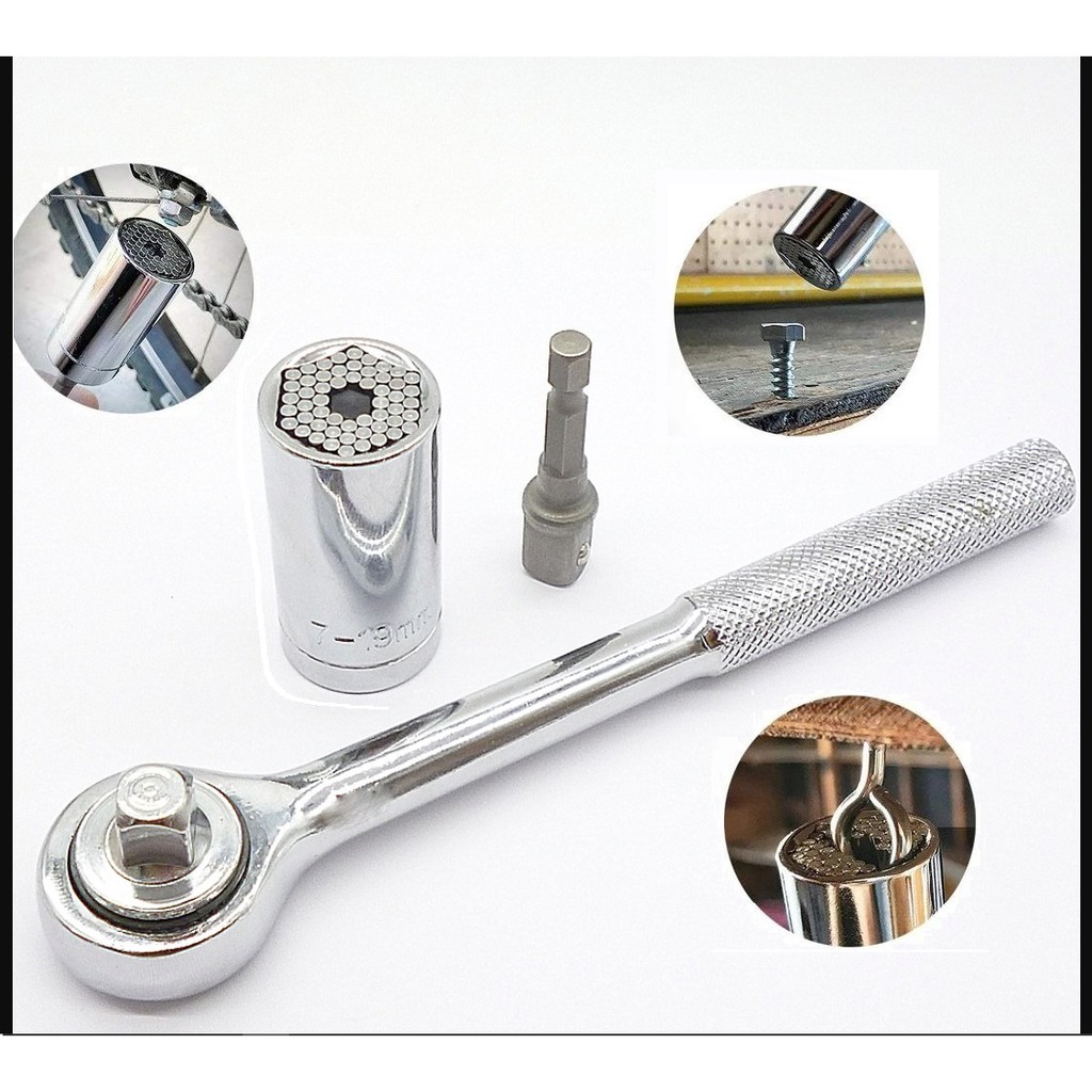 Kit gator Grip Chave catraca reversível 3/8 + Adaptador ajustável p/ soquetes + adaptador furadeira
