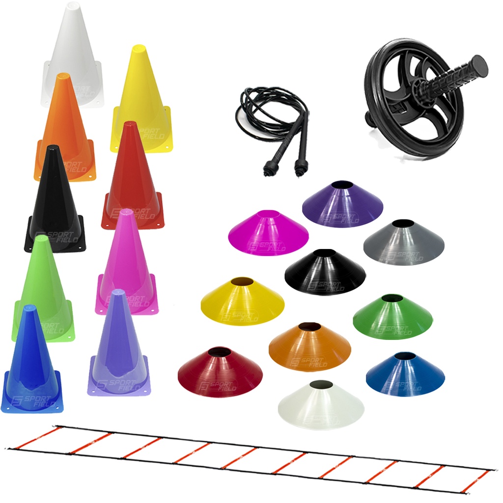 10 Cones 23cm + 10 Pratos Chinês + Roda Abdominal Funcional + Corda De Pular + Escada Funcional