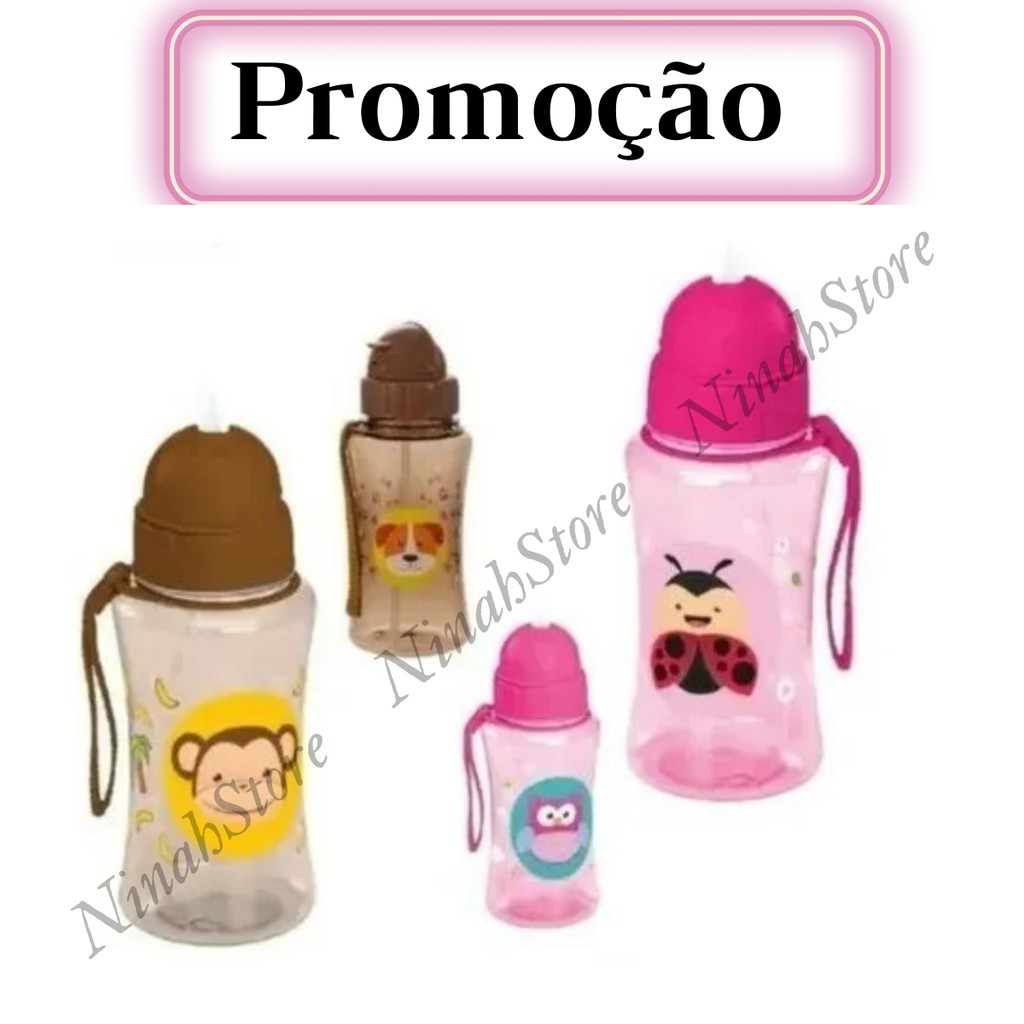 Squeeze Infantil Com Alça Tampa Anti Vazamento Canudo Silicone 400ml Macaquinho Joaninha Cachorrinho Corujinha