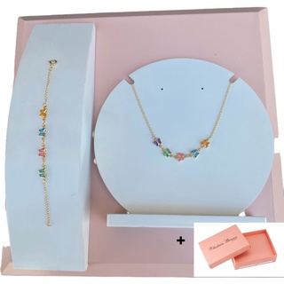 Conjunto infantil kit com colar e pulseira para criança com pedras coloridas em forma de borboleta banhado a ouro 18k