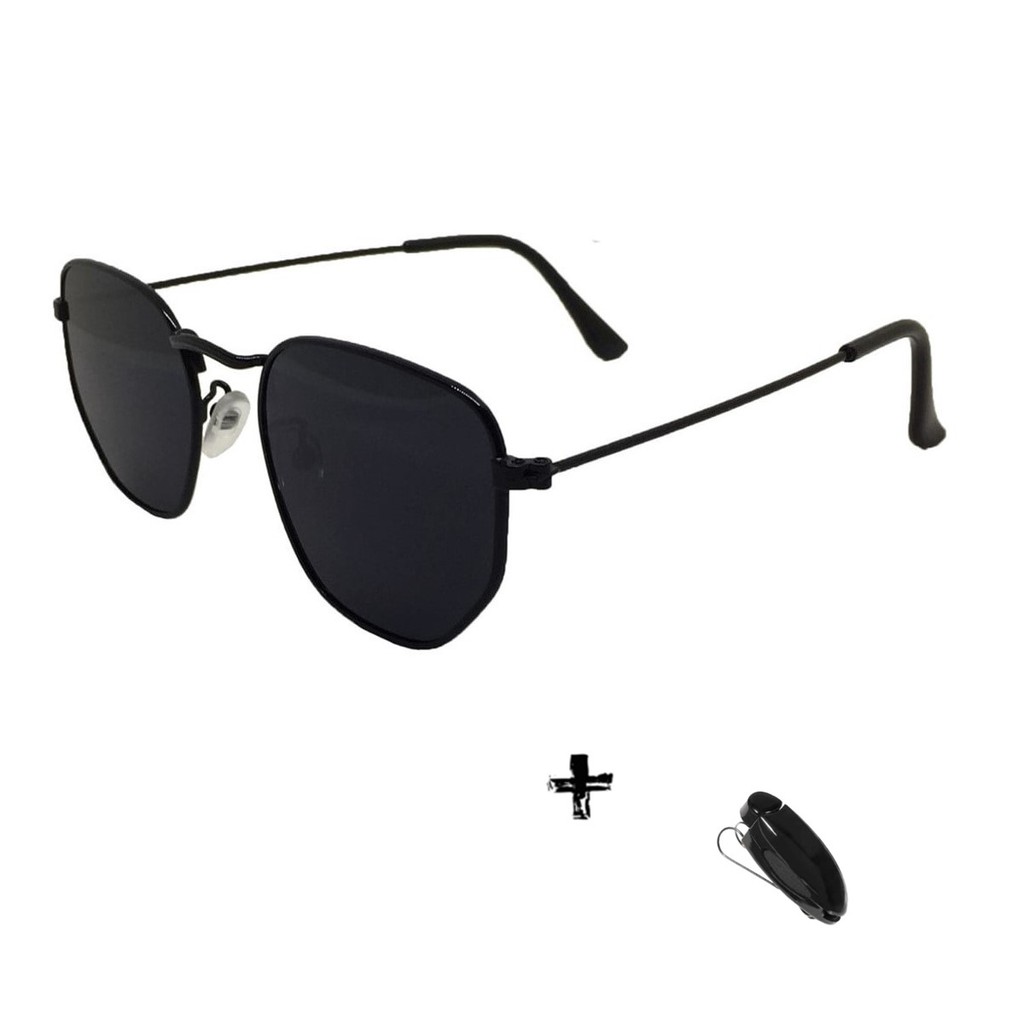 Kit Óculos De Sol Hexagonal Volpz Preto Unissex Original Volpz Proteção UV400 + Suporte De Oculos Para Veiculo Porta Oculos Carro Para Quebra Sol Óculos Masculino Óculos Feminino