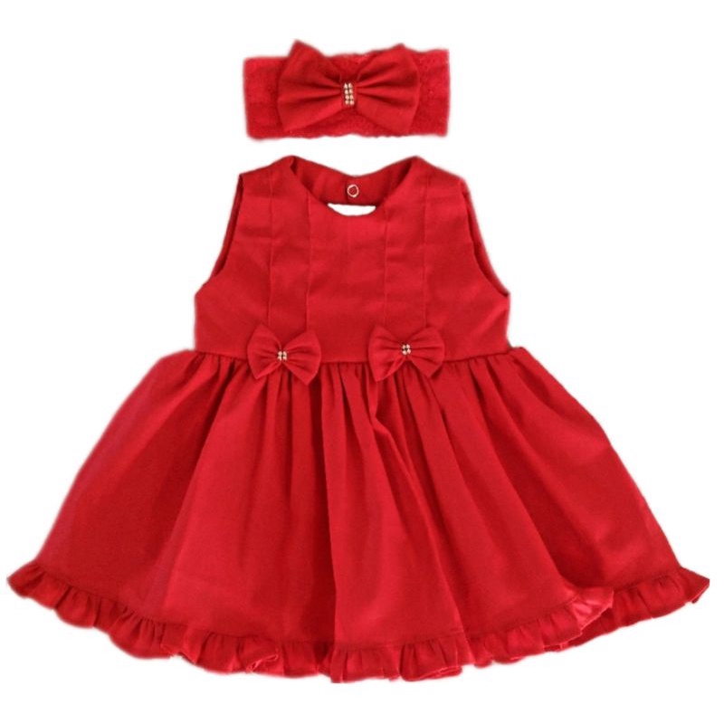 Vestido Infantil Com Tiara Vermelho Bebê Menina Laços Delicado Natal Festas Dara - Tam P ao 3 anos