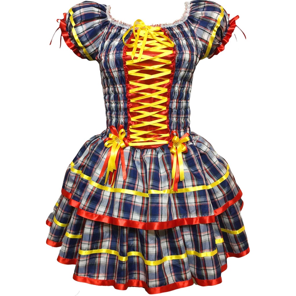 Vestido Festa Junina Caipira Xadrez Infantil Azul São João