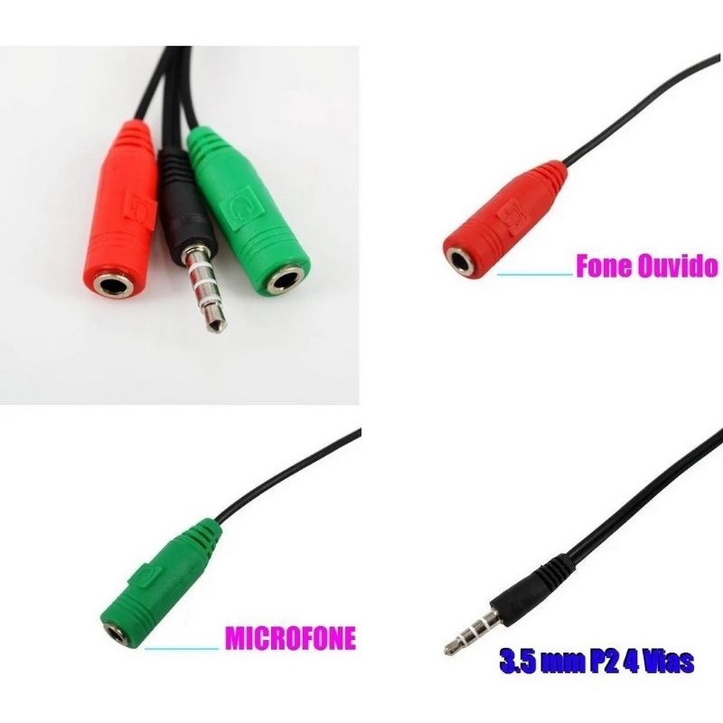 Plug P2 4 Contatos Macho Trrs + 2 P2 Femea Fone Mic