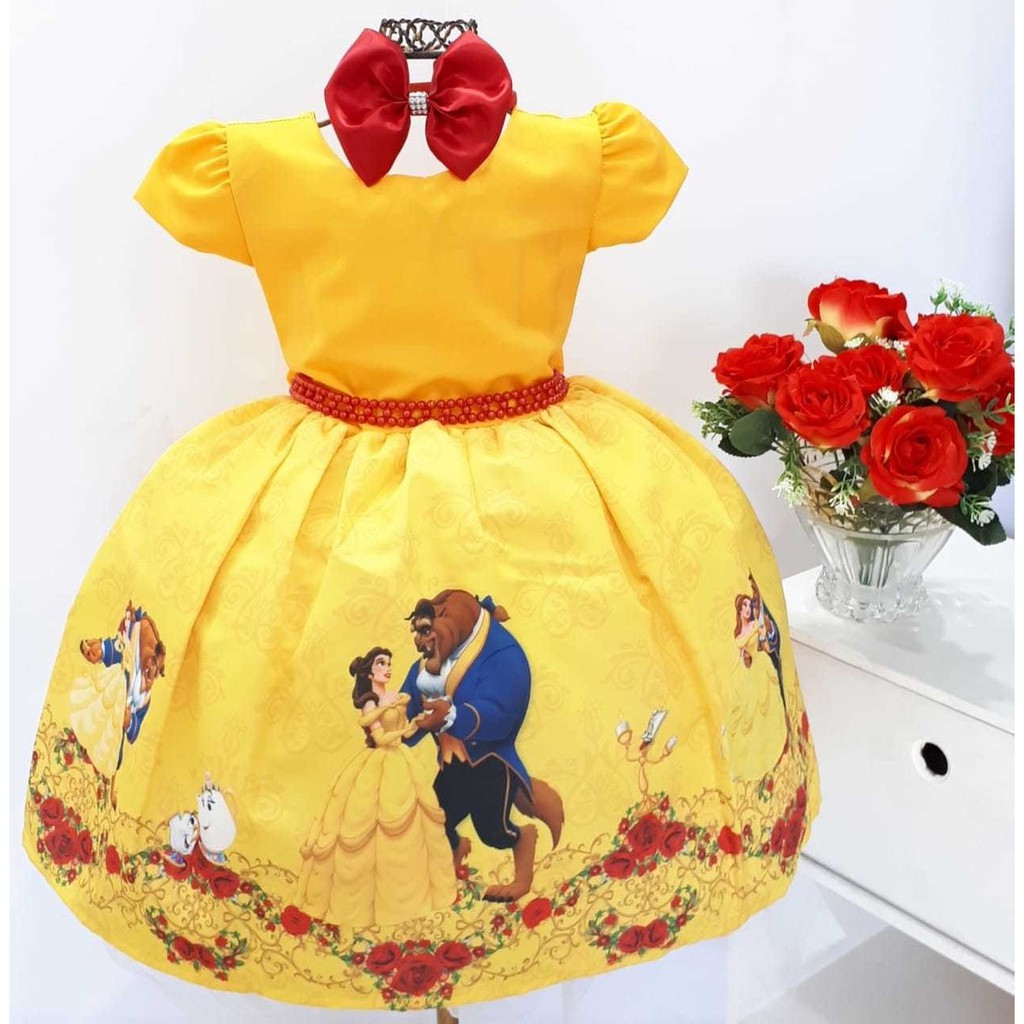 Vestido Infantil Tema A Bela E A Fera Luxo E Tiara Super Luxinho