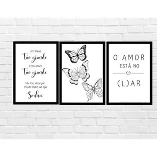 Quadro Decorativo Kit 03 Peças Tamanhos: 20x30 - Frases Borboletas O Amor Está no Lar Sem Moldura
