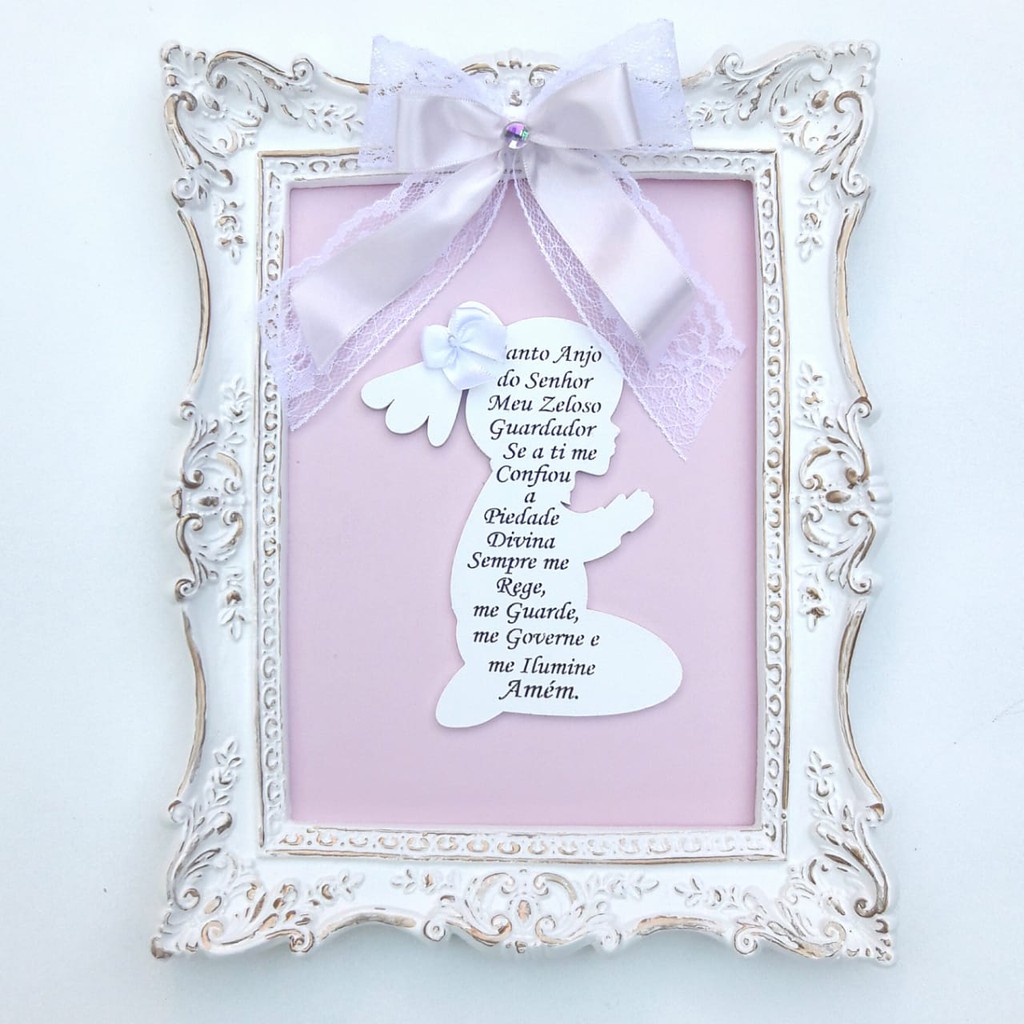 Quadro Enfeite Resina Oração Santo Anjo Menina Mdf Pintado
