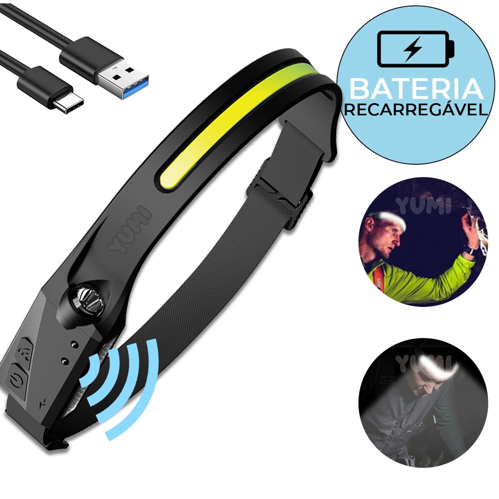 Lanterna de Cabeça Led COB Caminhada Pesca Ciclismo High Power + Sensor Indutívo + Lanterna Lateral em Oferta na Shopee