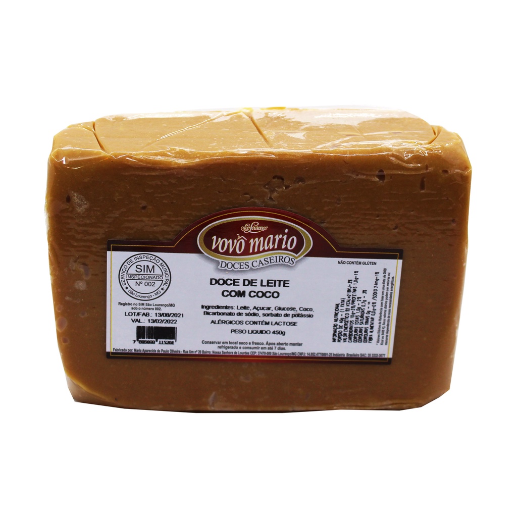 Doce de Leite com Coco em Tablete com Açúcar (Tradicional) sem Glúten 450g Doce Vovô Mário