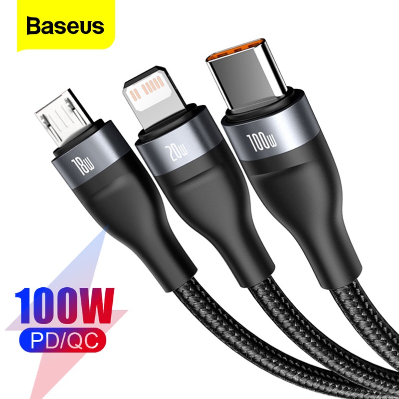 BASEUS Cabo Usb Para Iphone Pd 100w Usb Tipo C Cabo De Dados Para Xiaomi Samsung 5a Carregamento Rápido 3 Em 1 Cabo Usb-C Micro Usb