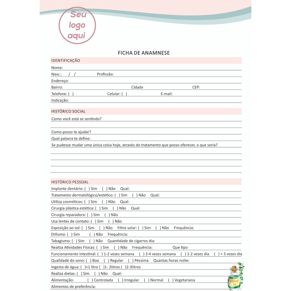 Ficha Anamnese para Esteticista, Dentista, Nutricionista, Tricologista, anamnese completa.