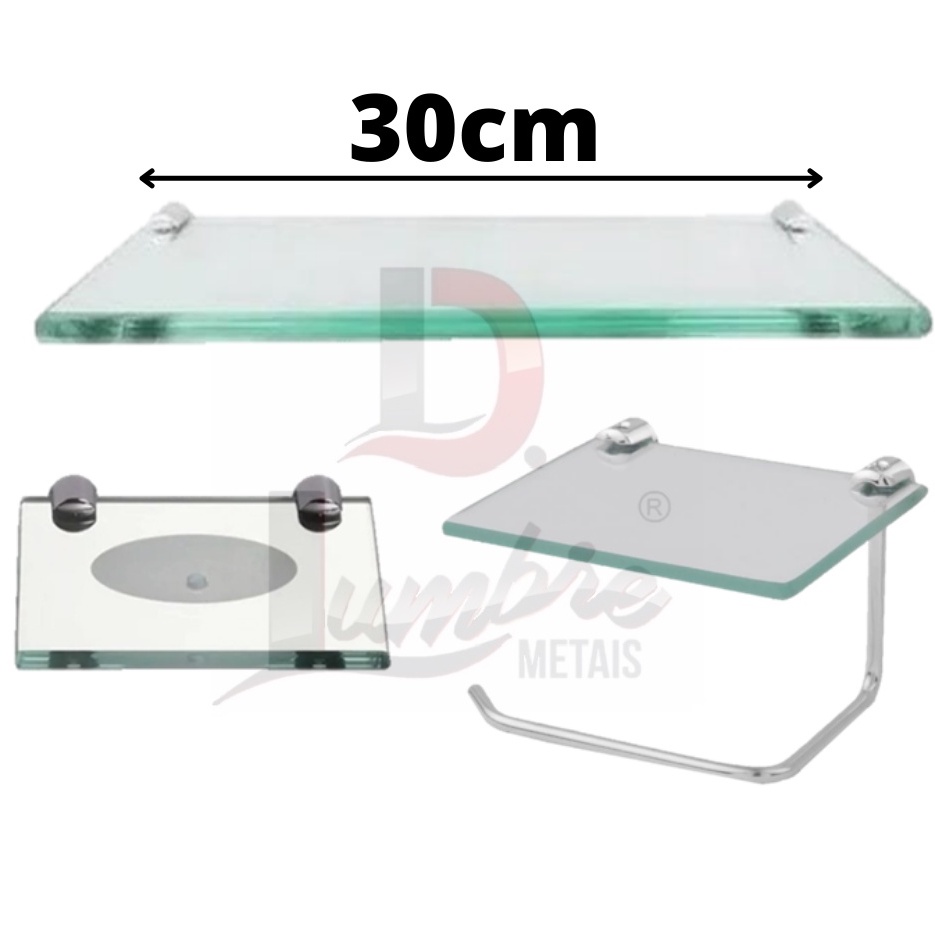 Kit Prateleira 30cm Saboneteira Quadrada (1 f.) Com Papeleira Com Prateleira Porta Celular Organizadores De Box Incolor
