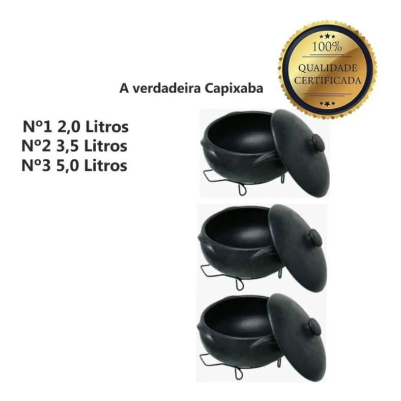 Jogo Panela Barro Preto Capixaba Self Service N° 1,5 2,0 e 5,0 Litros + 2 cumbucas