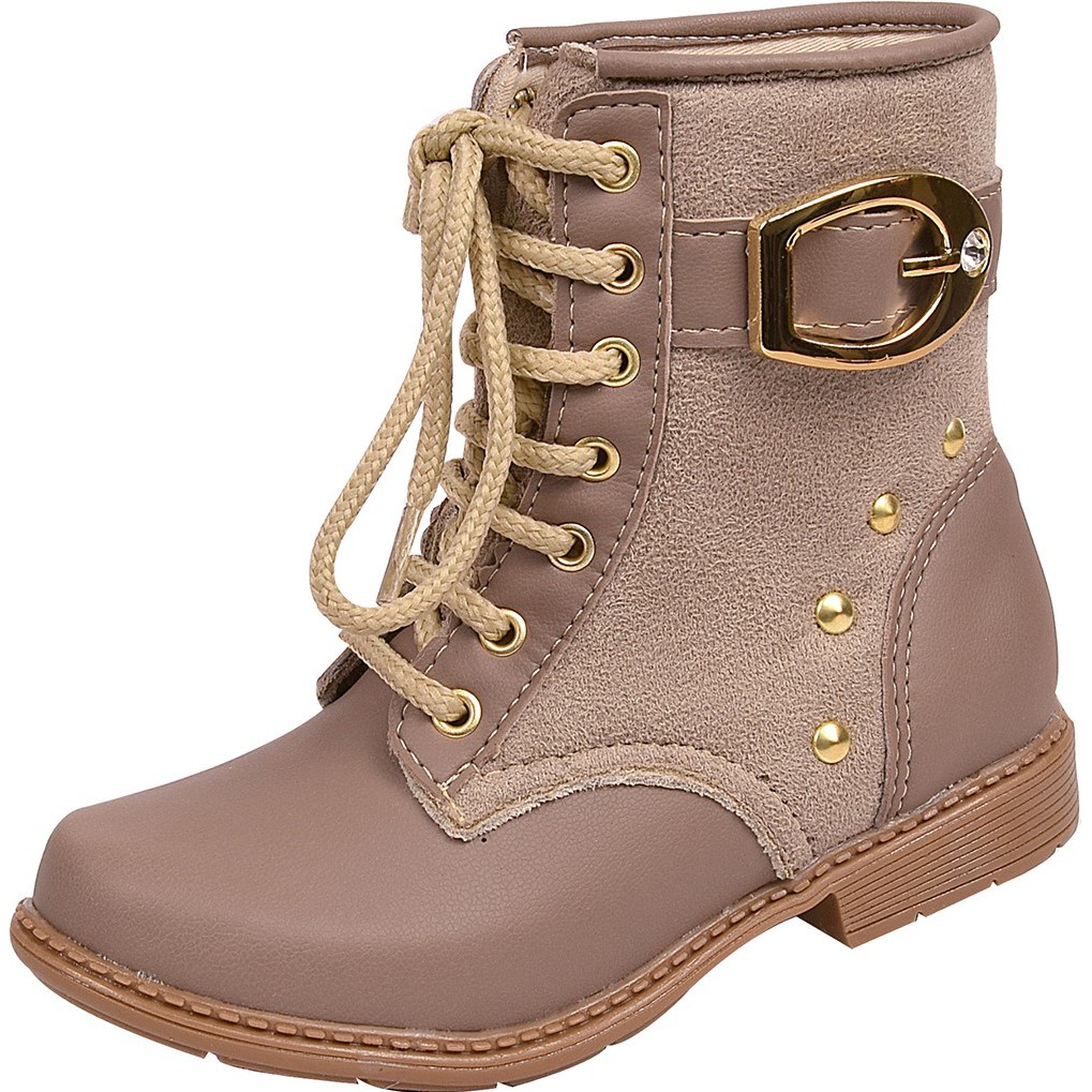 Bota Coturno Infantil Menina Cadarço Camurça Fivela Taupe