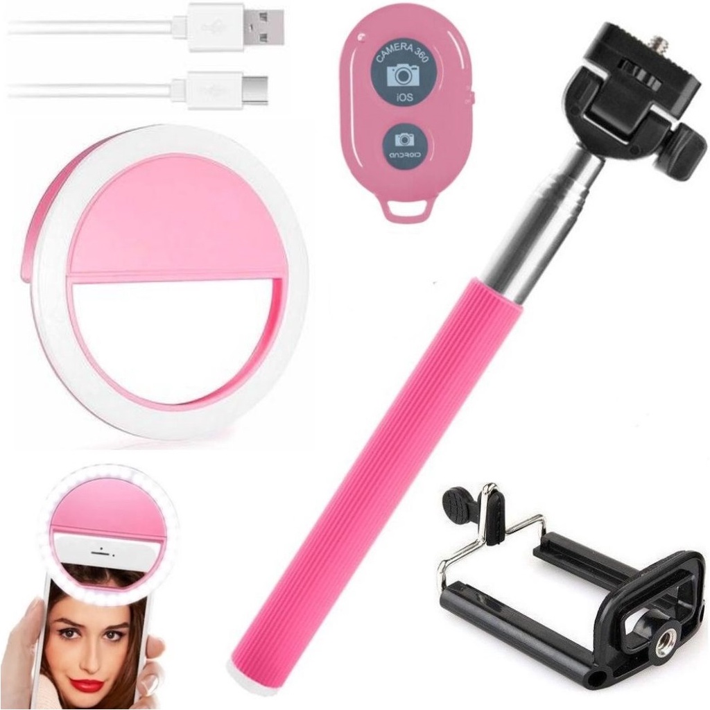 Kit Bastão Pau De Selfie Ring light usb Controle bluetooth Rosa Foto Câmera Celular Tiktok Blogueira Insta