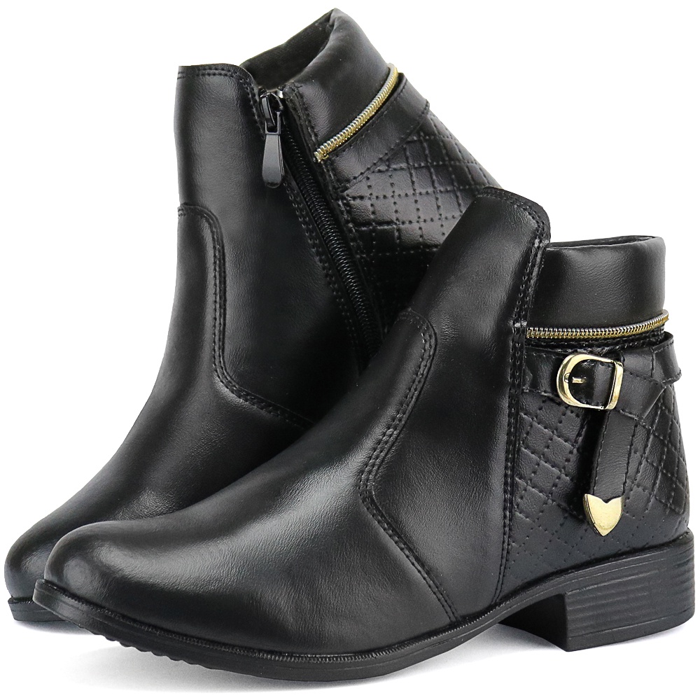 Bota Coturno Feminino Com Ziper Lateral Preta Salto Baixo Moda Frio Chuva
