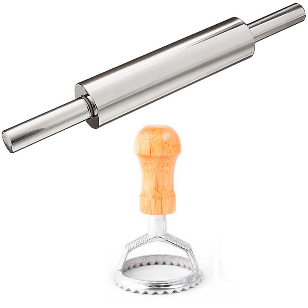 Rolo de Inox para abrir massas pizza pasta americana doces salgados receitas culinária confeiteiro e 1 modelador recortador de ravioli pastel pastelzinho redondo 6cm