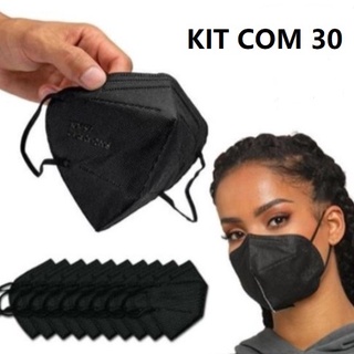 Kit com 30 Máscara KN95 N95 de Proteção Facial FFP2 com 5 Camadas e Clip Nasal PRETA