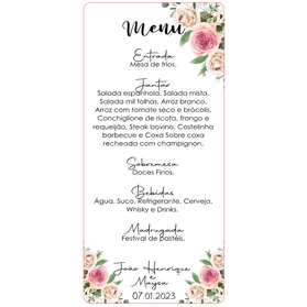 Menu de Casamento, aniversário, batizado, formaturas, eventos empresariais, chá de bebê, chá revelação, chá de cozinha, chá bar, festas e eventos em geral. Deixe sua mesa linda para seu convidado. Cardápio, menu de observações, informações da festa...