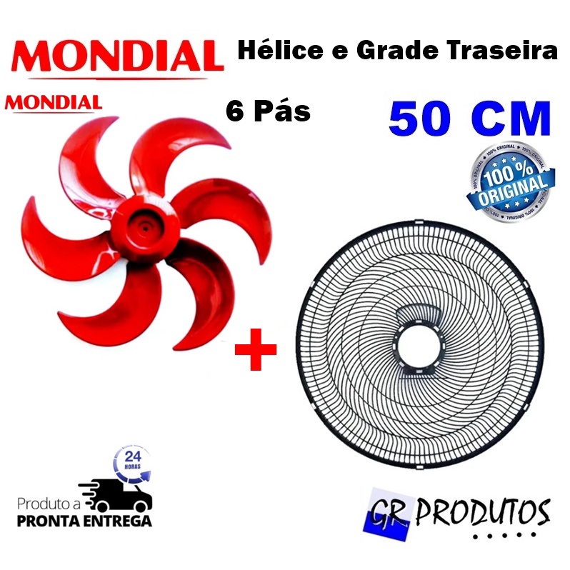 Kit Hélice Mondial 6 pás + Grade Traseira 50 Cm Ventilador Original RED LINE 50cm
