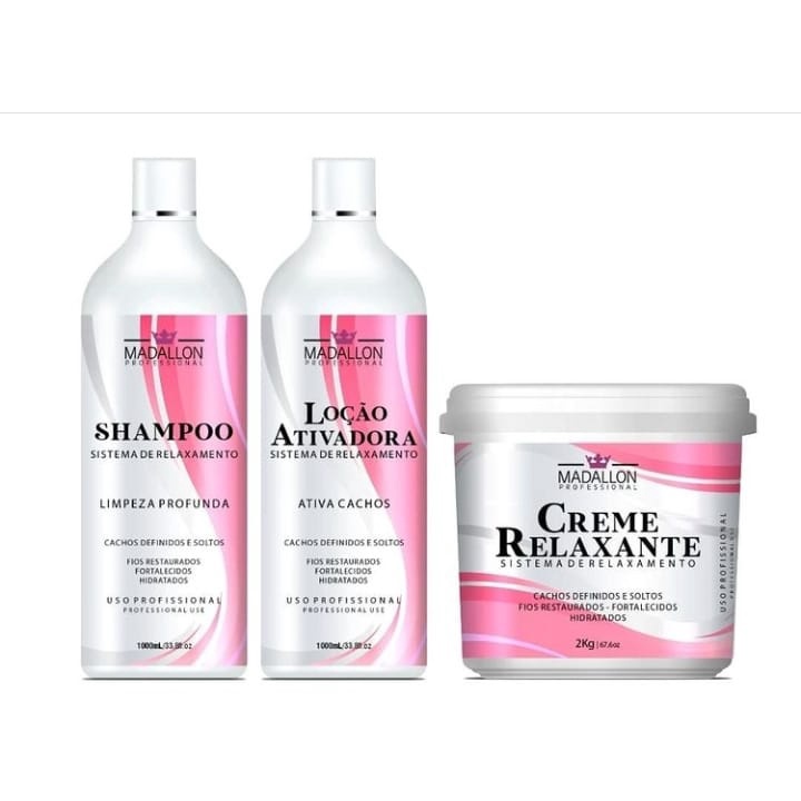 Kit Relaxamento Guanidina 1Shampoo+1Loção Ativadora de Cachos+1 Creme Relaxante 2kg Madallon