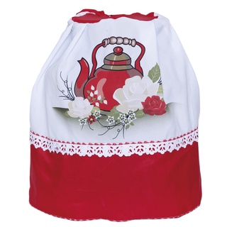 Capa Para Botijão Estampada Rosas Brancas Com Vermelho e Detalhe em Lese Cozinha Decoração Proteção