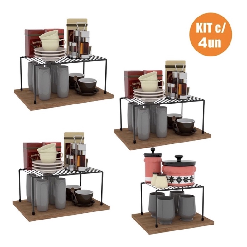 Kit 4 Organizadores Armário Cozinha Prateleira Aramada Médio e Pequeno