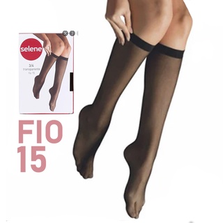 Meia 3/4 Fio 15 SELENE Original Transparente Fina até o Joelho Adulto Social Natural ou Preto com Punho