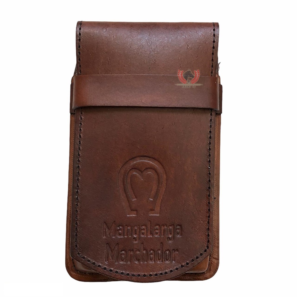Capa Country Unissex Bainha de couro Legítimo para Celular Estampa Mangalarga Marchador Toda Marrom com a Tampa Maior C06