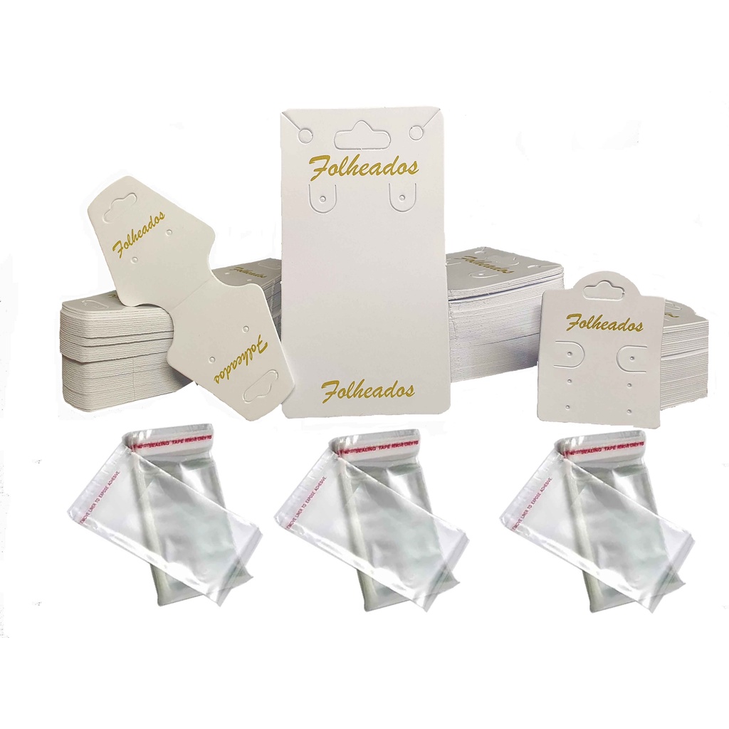 Kit Tag Para Bijuterias com 3 modelos com escrita FOLHEADO 600 Peças ( 200 cartelas, 200 cadeados e 200 Gravatinhas) + 600 Saquinhos com furo e Aba adesiva (200 p/ cartela, 200 p/ cadeado e 200 p/ gravatinha)