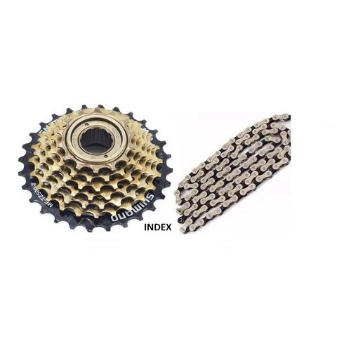 Kit Catraca Roda Livre de Rosca Shimano Tz500 7v 14/28D Index C/ Corrente Fina Bike Aro 26 ou 29