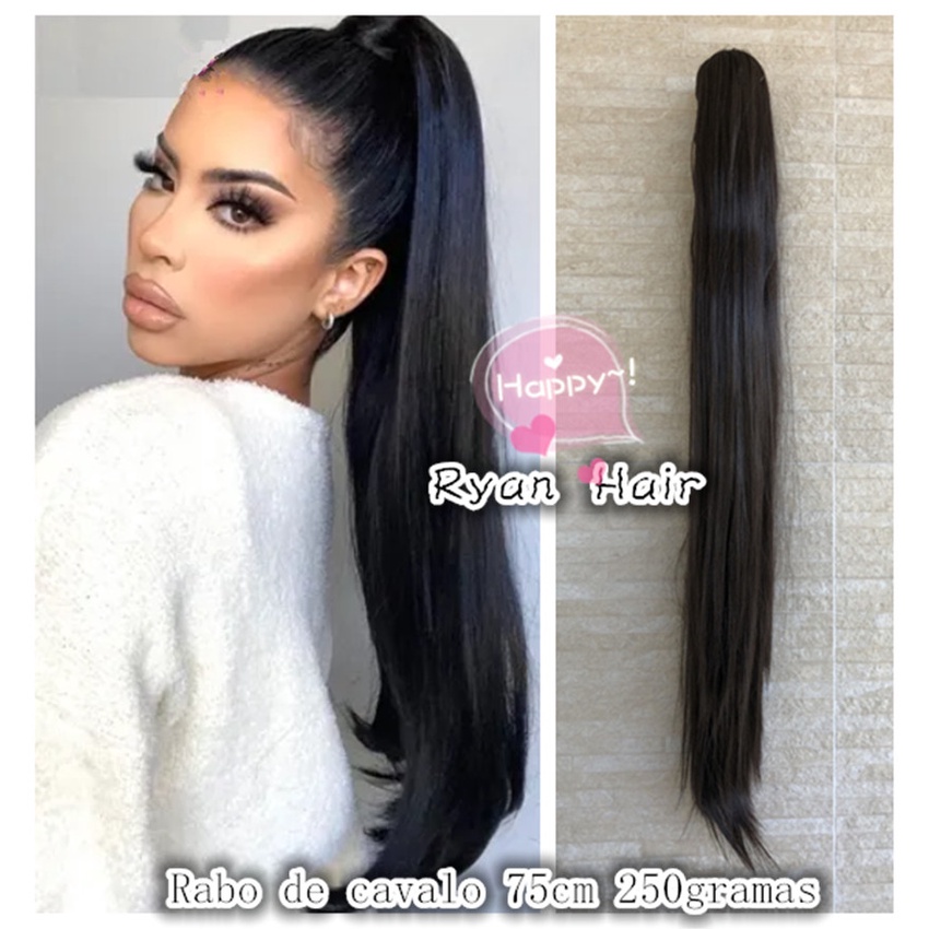 Rabo de cavalo Cor 2# castanho escuro liso Fibra organico 75cm 250gramas Promocao Cabelo aplique Piranha presilhas