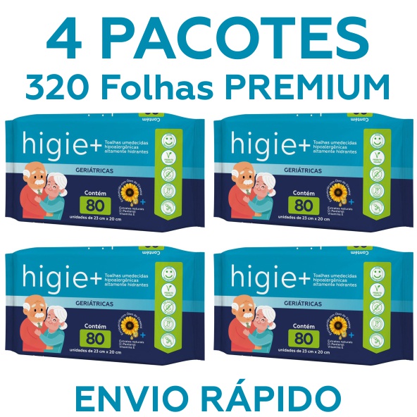 Kit c/ 4 Pacotes - Toalhas / Lenços Umedecidos Geriátrico PREMIUM 20x23cm (Total 320 Folhas) Higie+ em Oferta na Shopee
