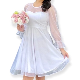 Vestido Noiva Manga Flare Midi Godê Glitter CRISTAL Com Bojo Noivado Casamento Civil Pré-Wedding Festa Cód.220