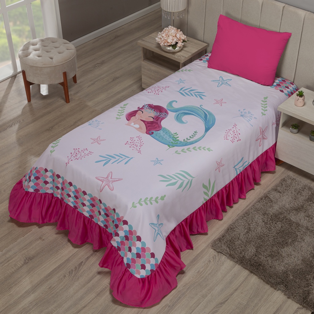 Kit Colcha Cobre - Leito Solteiro Menina Sereia Com Babado 1,70 X 2,30 02 Peças