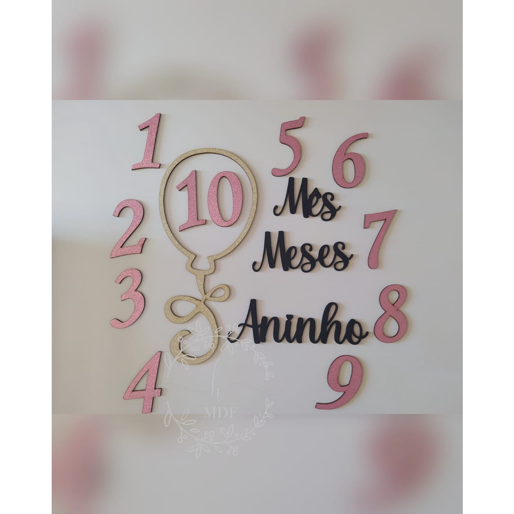 Kit números para mesversário mesversario foto mês a mês em MDF rosa azul e rosa com glitte...
