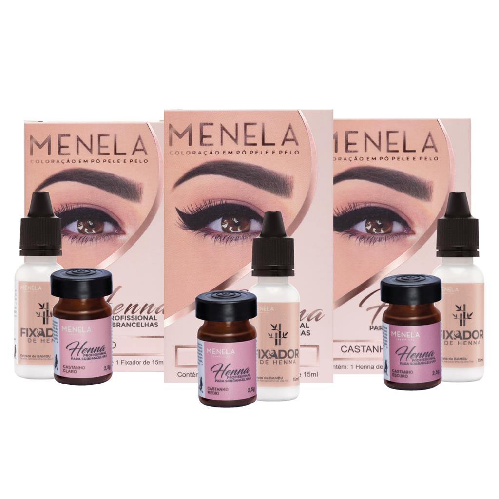 Kit 3 Henna Profissional Sobrancelhas Menela Castanho Claro + Medio + Escuro 2,5g Com Fixador 15ml em Oferta na Shopee