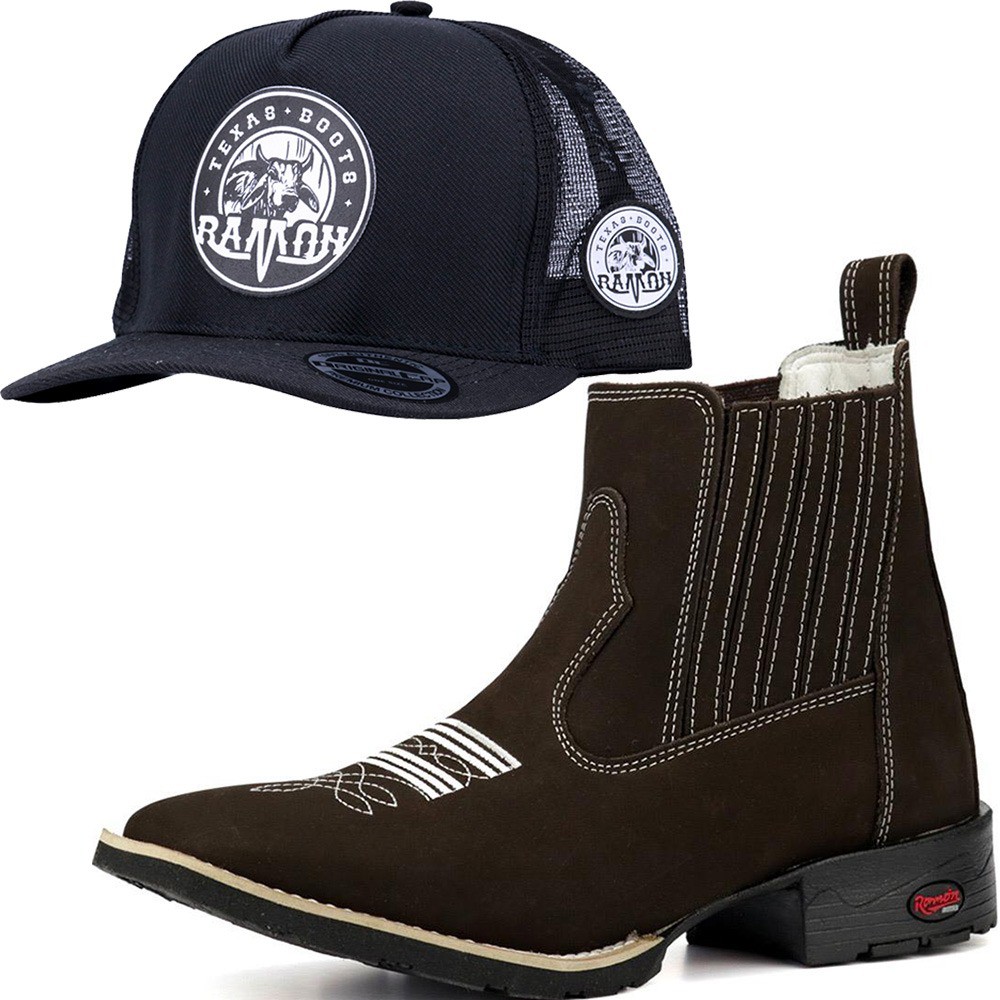 Botina Country Bota Texana Bico Quadrado Em couro Legitimo Masculino Cano Curto Com Brinde Bordado Montaria