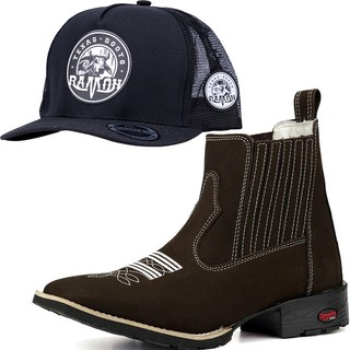 Botina Country Bota Texana Bico Quadrado Em couro Legitimo Masculino Cano Curto Com Brinde Bordado Montaria