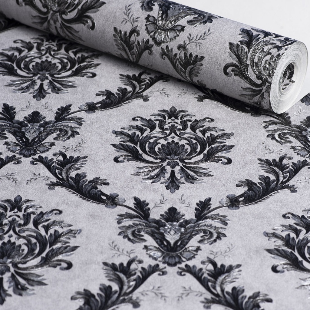 Papel de Parede Vinílico Lavável Relevo Decoratto Cinza e Preto Arabesco