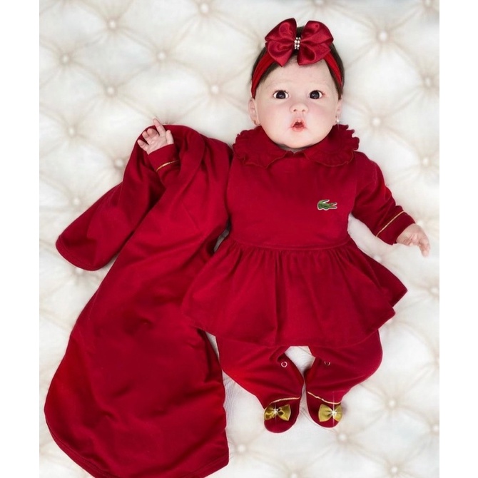 Saída Maternidade Luxo menina vermelho com laço 4 peças
